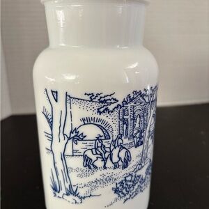 Vintage Belgian Milk Glass Apothecary Jar w/ Blue and White Village Scene No Lid